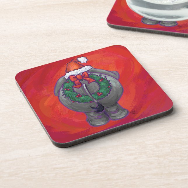 Elephant Christmas On Red Coaster (Left Side)