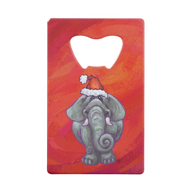 Elephant Christmas On Red Credit Card Bottle Opener (Front)