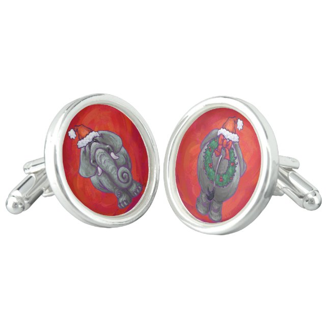 Elephant Christmas On Red Cufflinks (Angled)