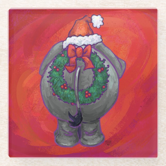 Elephant Christmas On Red Glass Coaster (Front)