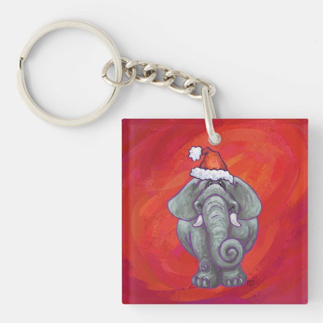 Elephant Christmas On Red Keychain (Front)