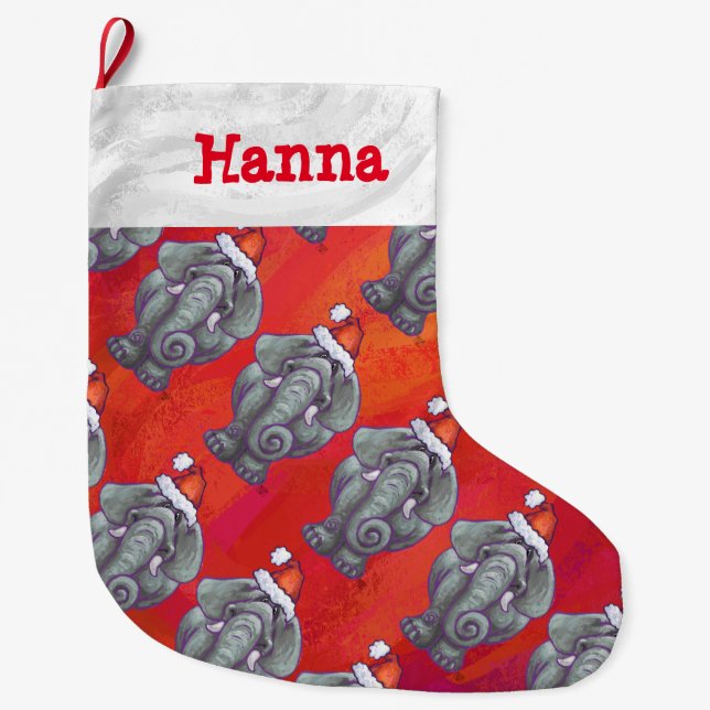 Elephant Christmas On Red Large Christmas Stocking (Front)