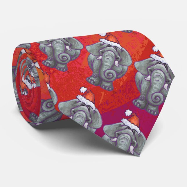 Elephant Christmas On Red Neck Tie (Rolled)