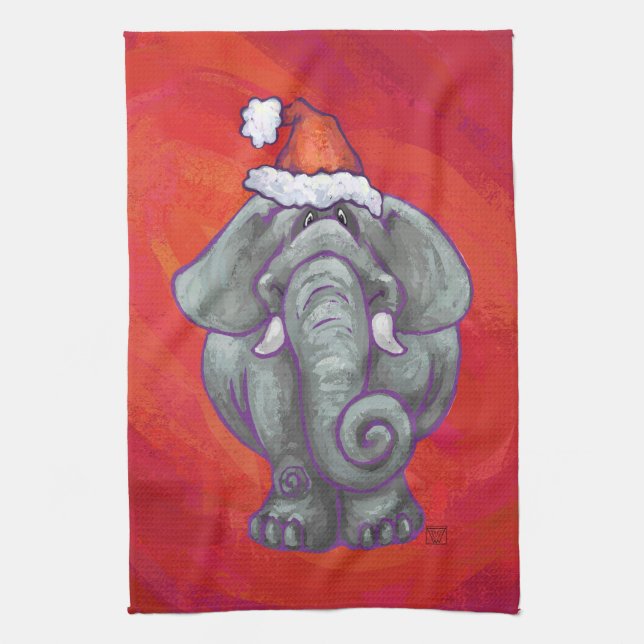 Elephant Christmas On Red Towel (Vertical)