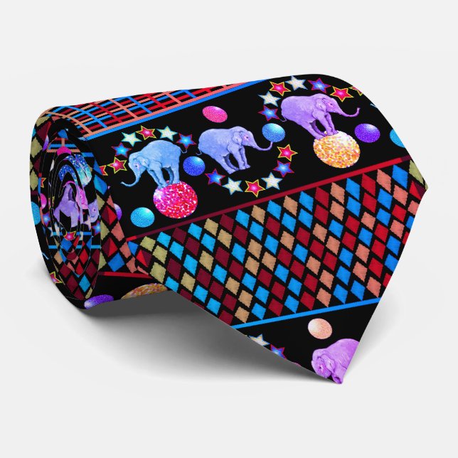 Elephant Circus Diamonds Stripes Pattern Tie (Rolled)
