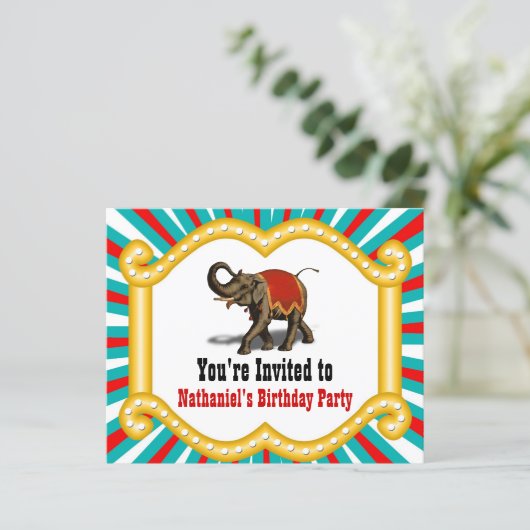 Elephant Circus Kids Birthday Party Invitation (Standing Front)