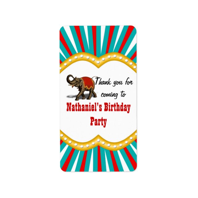Elephant Circus Kids Boys Birthday Party Favor Label (Front)