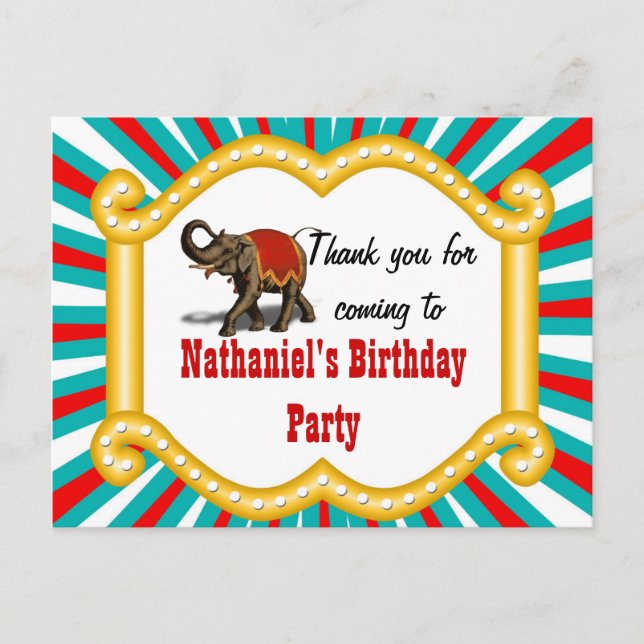 Elephant Circus Kids Boys Birthday Thank You Postcard (Front)