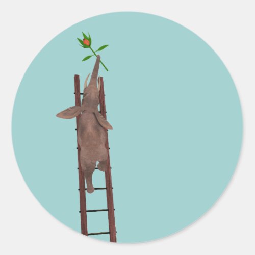 Elephant climbing a ladder classic round sticker