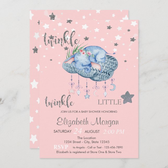 Elephant Cloud Little Star Baby Shower Invitation (Front/Back)
