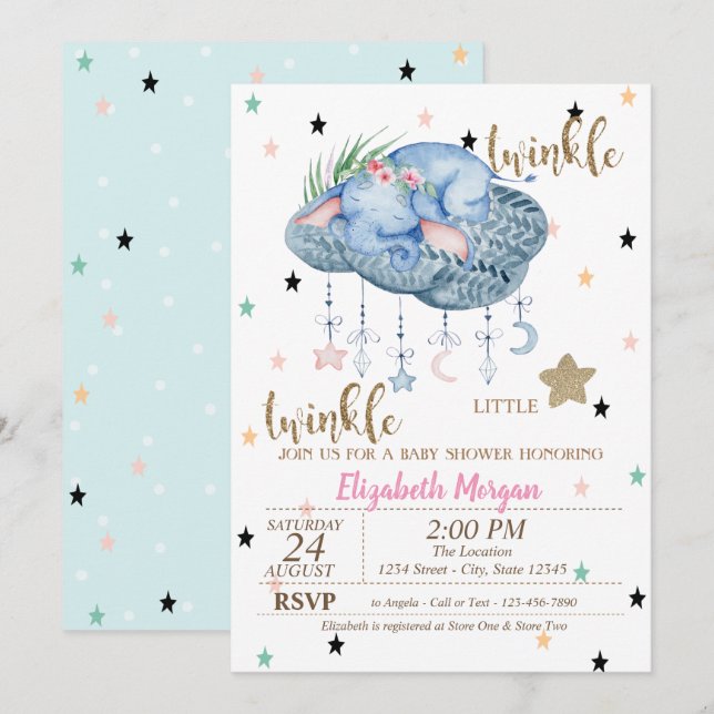 Elephant Cloud,Twinkle Little Star Baby Shower Invitation (Front/Back)