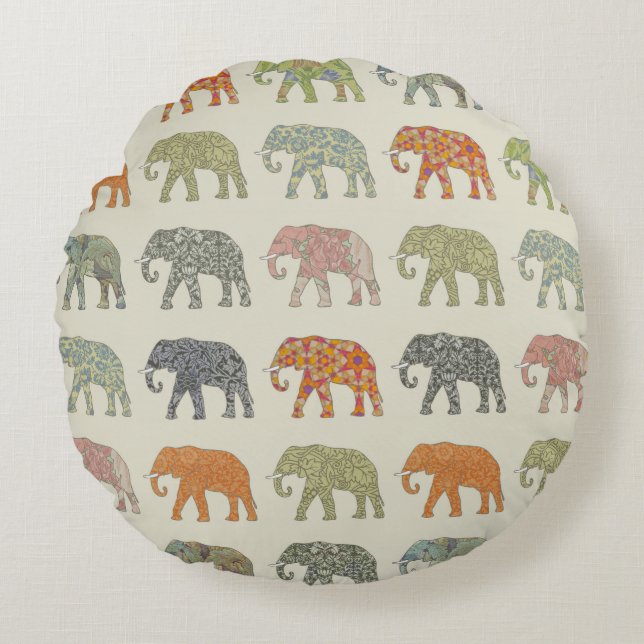 Elephant Colorful Animal Pattern Contemporary Round Pillow (Front)