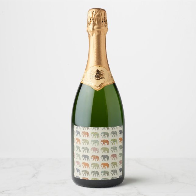 Elephant Colorful Animal Pattern Contemporary Sparkling Wine Label (Front)