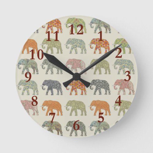 Elephant Colorful Animal Pattern Round Clock