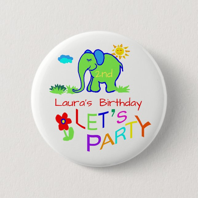 Elephant Colorful Cute Name & Age Birthday Pinback Button (Front)