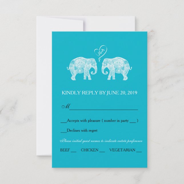 Elephant Couple Heart Custom Color Wedding RSVP (Front)