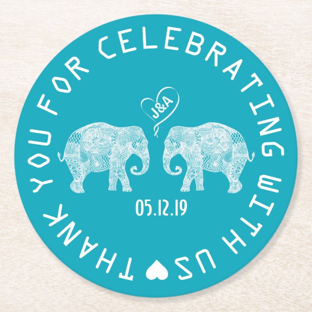 Elephant Couple Love Heart Custom Wedding Favor Round Paper Coaster (Front)