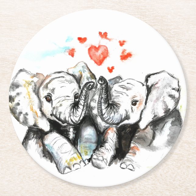 Elephant Couple Paper Coaster - Love - Watercolor (Front)