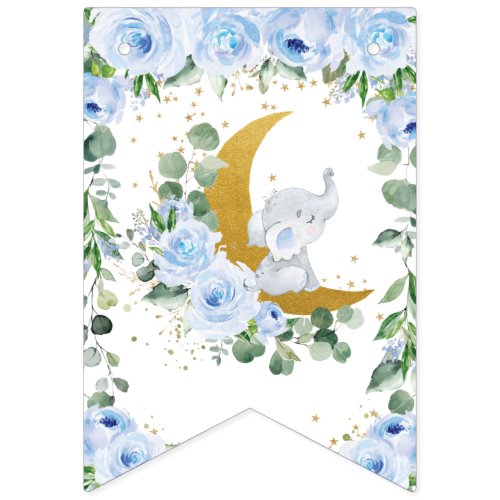 Elephant Crescent Moon Blue Floral Baby Shower Bunting Flags