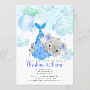 Elephant Cub Cute Boy Baby Shower Blue Invitation
