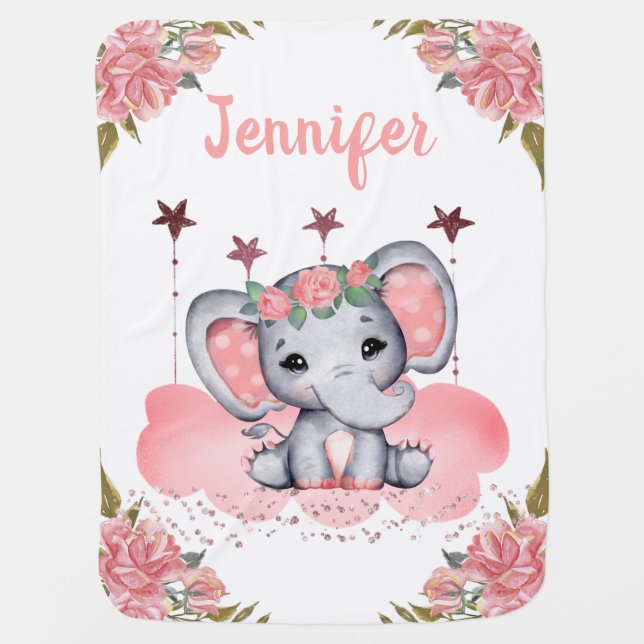 Elephant Cute Baby Blankets Pink Floral Custom (Front)