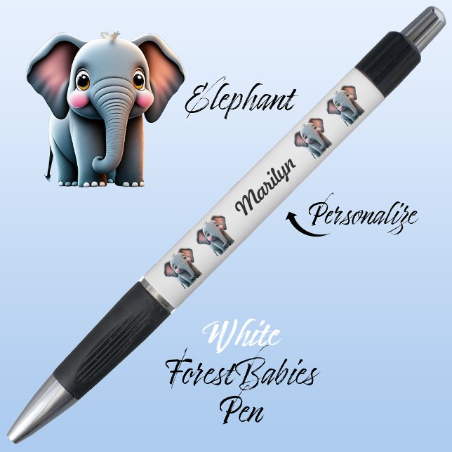 Elephant, Cute Jungle Safari Woodland Animal White Pen (Cute Whimsical Elephant  Jungle Safari Animal Cartoon Graphic White Customizable ForestBabies Pen 🐘)