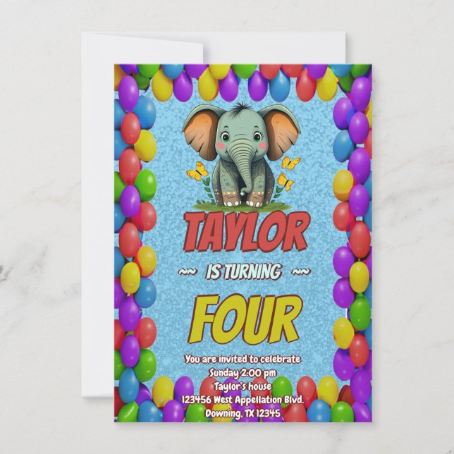 Elephant Cute Personalized Birthday Invite Kids (Front)