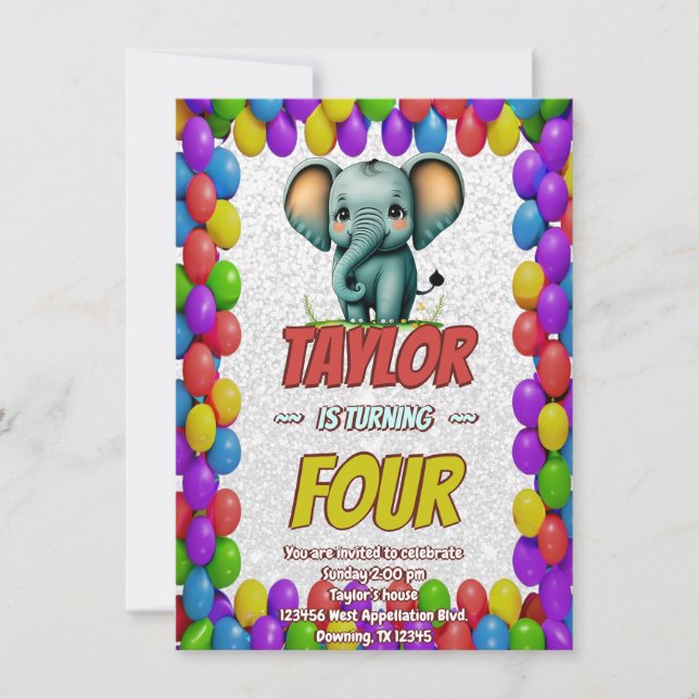 Elephant Cute Personalized Birthday Invite Kids (Front)