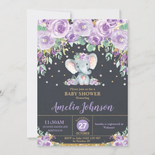 Elephant Cute Purple Floral Baby Shower Baby Girl Invitation