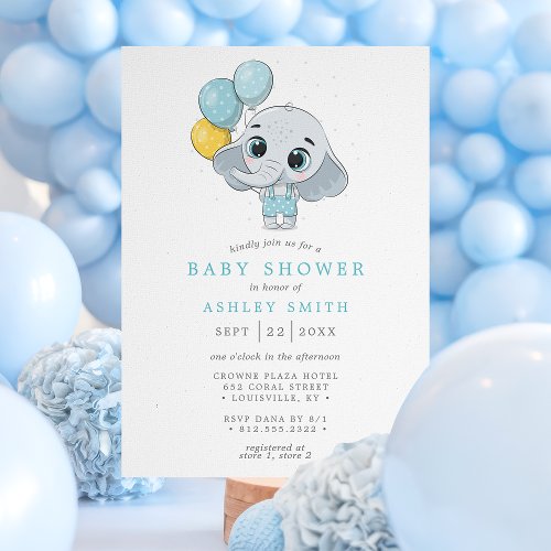 Elephant Cute Watercolor Boy Baby Shower Invitation