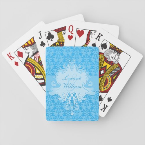 Elephant damask blue wedding named playing cards