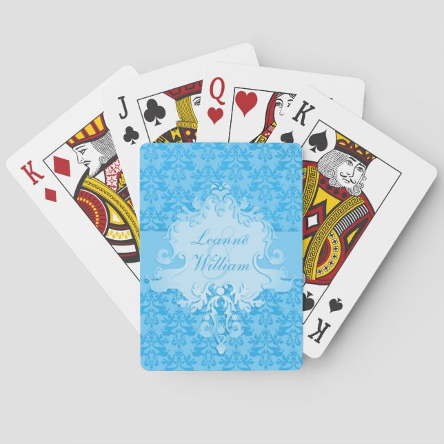 Elephant damask blue wedding named playing cards (Back)