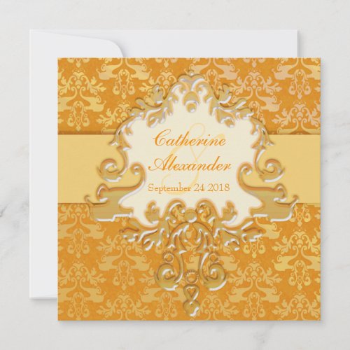 Elephant damask gold  cream wedding square invite