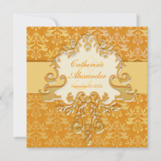Elephant damask gold & cream wedding square invite