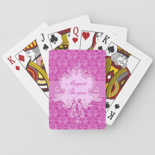Elephant damask mauve wedding named playing cards