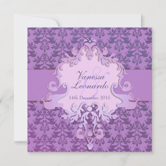 Elephant damask purple square wedding invitation (Front)