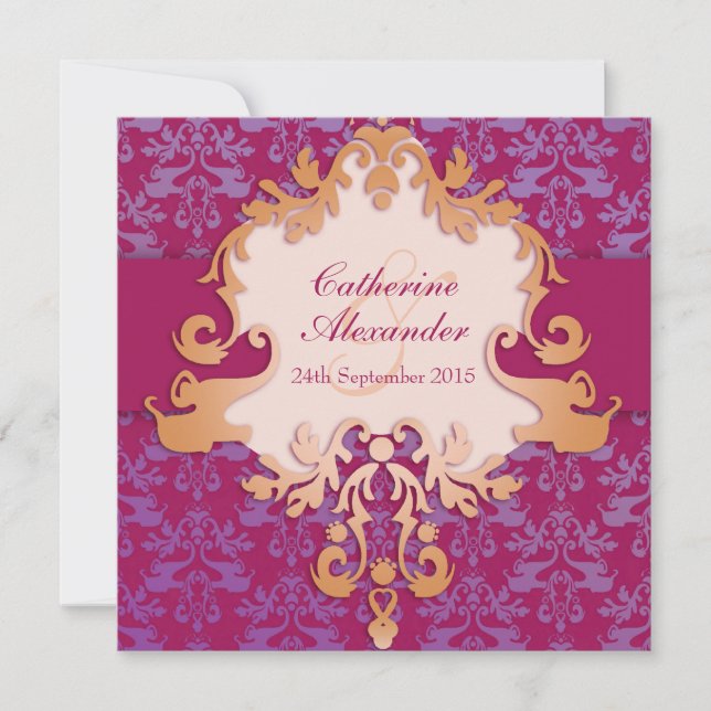Elephant damask red golden wedding square invite (Front)