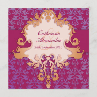 Elephant damask red golden wedding square invite