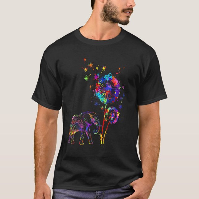 Elephant Dandelion Flower Elephant Watercolor T-Shirt (Front)
