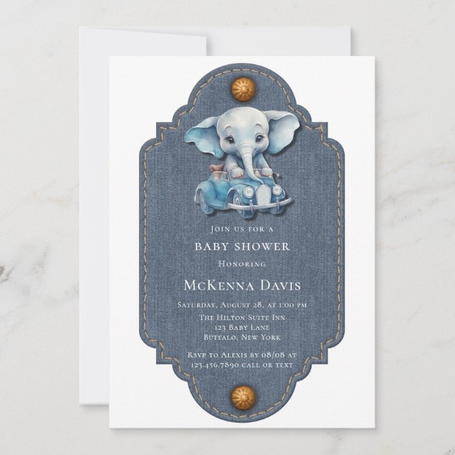 Elephant Denim Vintage Car Boy Baby Shower Invitation (Front)