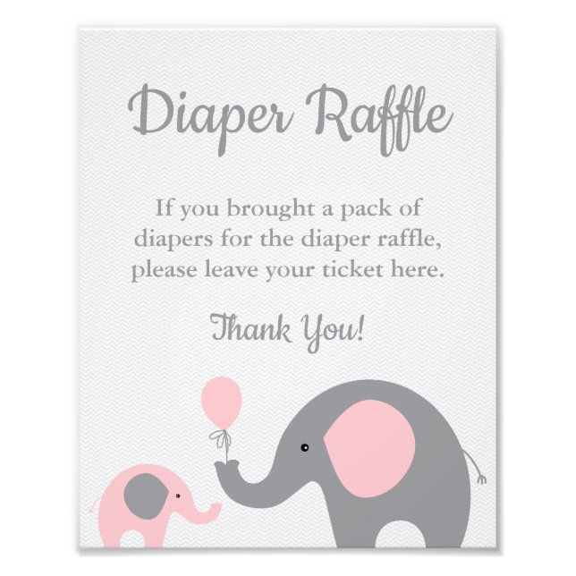 Elephant Diaper Raffle Display Sign in Pink & Gray (Front)