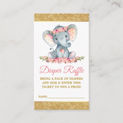 Elephant Diaper Raffle Floral Baby Shower Glitter Enclosure Card