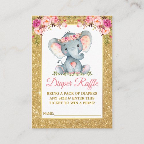 Elephant Diaper Raffle Shower Pink Floral Glitter Enclosure Card