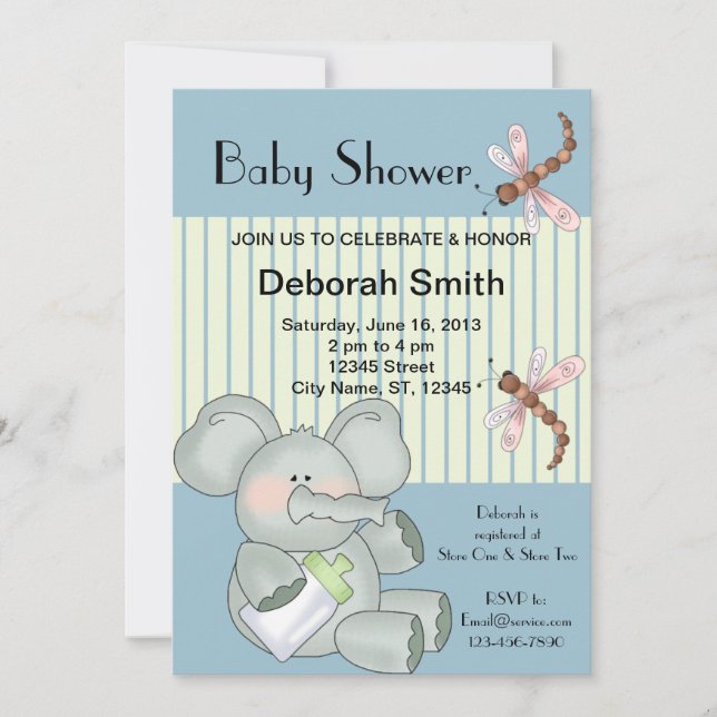 Elephant Dragonfly Blue Stripe Baby Shower Invitation (Front)