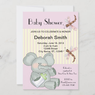 Elephant Dragonfly Pink Stripe Baby Shower Invitation