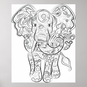 Elephant drawing adult coloring poster
