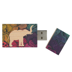 Elephant Drawings Pictogram Wood USB Flash Drive