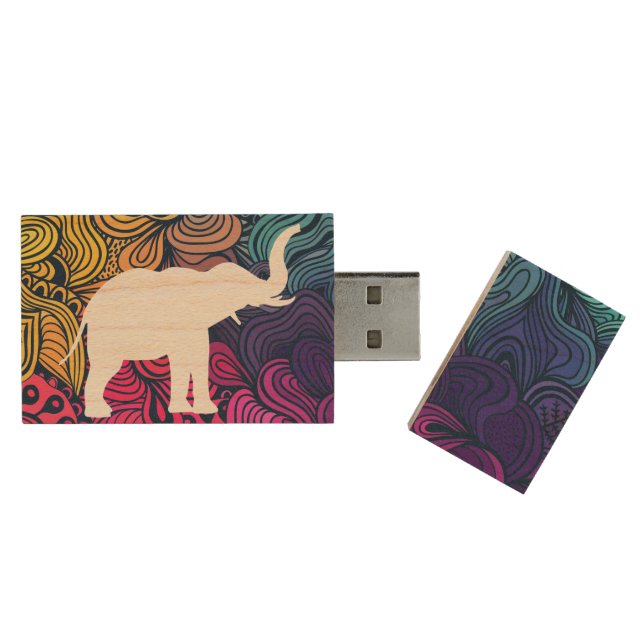 Elephant Drawings Pictogram Wood USB Flash Drive (Opened)