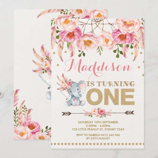 Elephant Dreamcatcher Invitation Pink Gold Floral (Front/Back)
