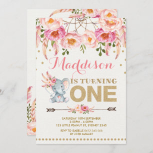 Elephant Dreamcatcher Invitation Pink Gold Floral